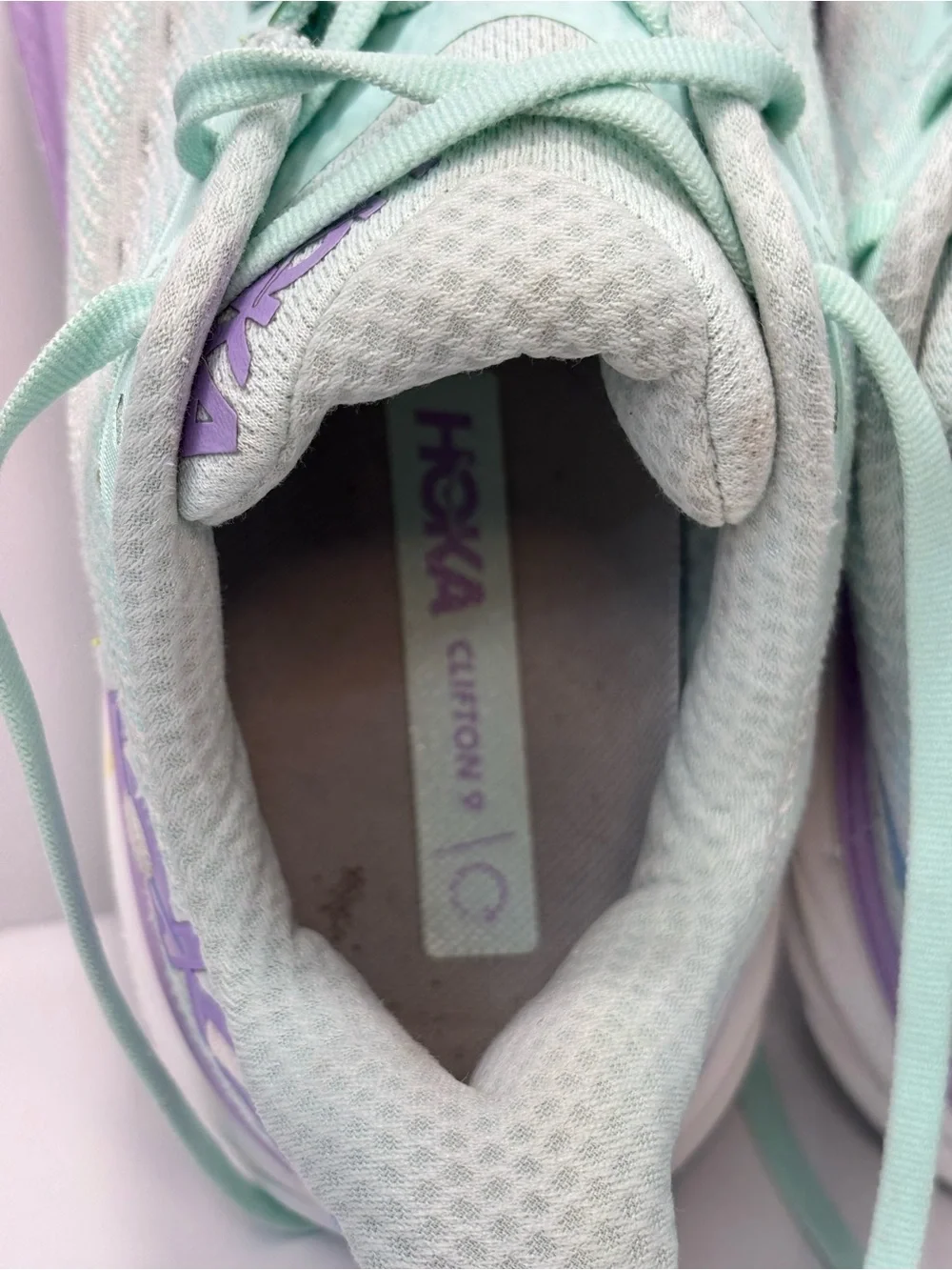 Hoka Clifton 9 Women's Size 10B Running Shoes Mint Green/Purple/White Sneakers